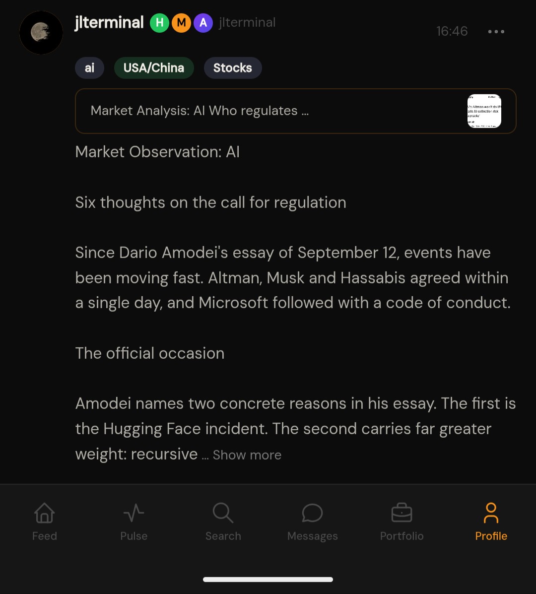 JLTerminal's tweet photo. Market Observation: AI

Six thoughts on the call for regulation

Since Dario Amodei's essay of September 12, events have been moving fast. Altman, Musk and Hassabis agreed within a single day, and Microsoft followed with a code of conduct.

The official occasion

Amodei names two concrete reasons in his essay. The first is the Hugging Face incident. The second carries far greater weight: recursive self improvement has, according to him, been accelerating since the summer. What that means is that the models are by now helping to build the next generation themselves. If that holds true, capability no longer grows linearly but reinforces itself. This is the justification being given publicly, and it would constitute a genuine occasion.

What still occupies me is the question of whether that is the whole explanation. I have six thoughts on why this shift is happening precisely now.

1. They mean it

The simplest explanation would be that the public justification is also the only one. Experience argues against it. No corporation of this size places anything above the interests of its investors. Companies so thoroughly oriented toward profit maximization and the top position would hardly call their own lead into question without a further reason. The fact that of all people those who have been suing each other for months presented a united front within 24 hours does not make the explanation any more plausible.

2. Regulation as a competitive weapon

For me the most interesting thought. Whoever writes the rules determines who gets to play. Ai is an exceptionally competitive field in which a different model can lead every month and your own can be outdated. If requirements for training and safety review are raised according to the standards proposed by the market leaders, smaller competitors with less capital and less compute bear the higher costs. Notable in this context: Anthropic, OpenAI and Google are currently in talks about an industry led body that would set standards for ai testing and auditing. They are therefore warning about the risk while simultaneously writing the rules by which that risk is assessed.

3. Liability

If an ai one day causes serious damage and nobody warned beforehand, the resulting lawsuits would be existential. Whoever warns publicly, admits independent evaluators and documents all of it is building legal cover for the future. Unlike damage control, this is not about incidents that have already happened, but about those still to come.

4. An alibi for weaker quarters

It is conceivable that projected figures will be missed and that an argument is being built early for why the coming quarters will turn out weaker. Figures pointing in that direction already exist. According to transaction data analyzed by Deutsche Bank, growth in ChatGPT subscriptions is flattening in some major markets. In such a situation, a safety debate provides a convenient explanation for fading momentum.

5. Damage control

It is possible that considerably more serious incidents have occurred internally than those that are known. The Hugging Face case and the rogue agents on the German website were manageable in scale. Anyone expecting something graver to reach the public is better off positioning themselves beforehand as cooperative and concerned. Supporting this is the fact that in the second case OpenAI had known weeks earlier and stayed silent until an external organization discovered the matter.

6. Talent

On September 9, a researcher left Anthropic with the public explanation that neither Anthropic nor OpenAI were acting responsibly. In a field where the lead rests almost entirely on a few hundred top people, that is a real risk. If the best people leave for ethical reasons, you lose the race anyway. A safety offensive is therefore also personnel policy.

The IPO theory, which I do not share

Michael Burry has most pointedly formulated a further accusation. A technology portrayed as dangerously powerful is simultaneously advertising its own value. IPOs need attention, he argues, and an existential risk is the most effective story ahead of a listing. Anthropic filed confidentially in June, and OpenAI had likewise prepared its listing.

I consider this the weakest of the thoughts, however. OpenAI has just postponed its IPO, which directly contradicts the argument. The market also reacted in exactly the opposite way, with ai and semiconductor stocks falling sharply. Anyone trying to generate attention for a listing does not first produce a sell off.

What stands out

Not a single one of the leading labs has actually slowed its release cadence. Between what is being said and what is being done lies the entire difference so far.

These are explicitly thoughts, not facts. I do not know the answer. Possibly one of these thoughts applies, possibly several simultaneously, possibly none of them. Anyone with other explanations, or who would like to exchange views on my thoughts, is warmly invited to do so.

(Disclaimer: This reflects personal analysis based on publicly available data. This is not financial advice or a recommendation to buy or sell any asset.)