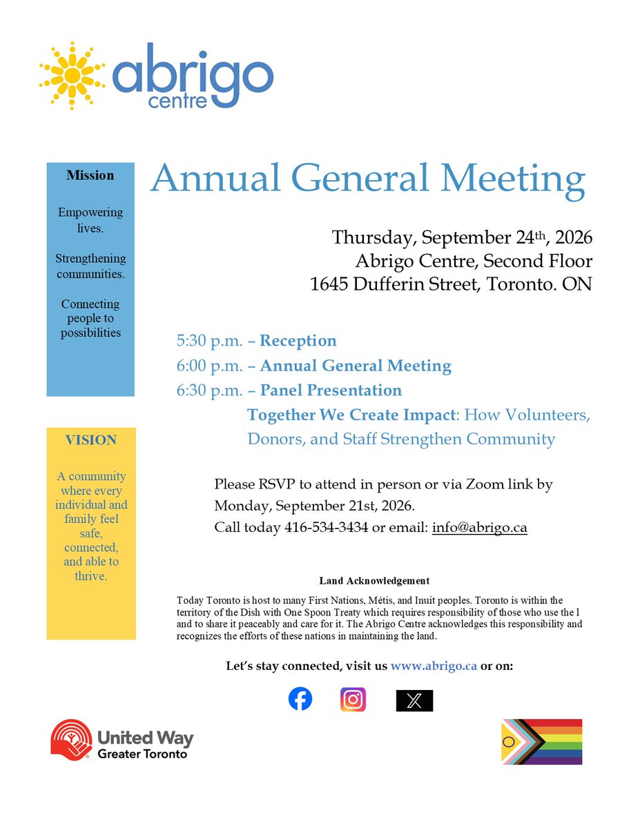 abrigocentre's tweet photo. You are invited to our 2026 Annual General Meeting taking place on Thursday, September 24, 2026. Please join us at 5:30 p.m. for a Reception then stay for the formal meeting at 6:00 p.m. Following there will be a Panel Discussion on how we all can create impact in our community! https://t.co/nZGVbtDdCO