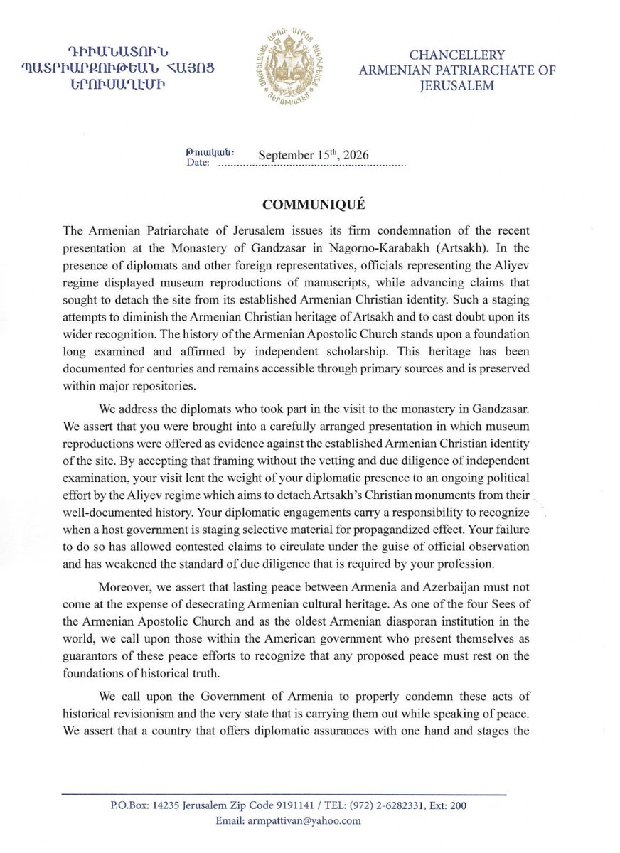 kbalian90's tweet photo. 🚨BREAKING: The Armenian Patriarchate of Jerusalem has issued a blistering condemnation of Azerbaijan and Armenia, as well as international diplomats whose presence it says legitimized the systematic erasure of the Armenian Christian identity of Gandzasar Monastery in Artsakh. https://t.co/Rzc8Yx9LzW