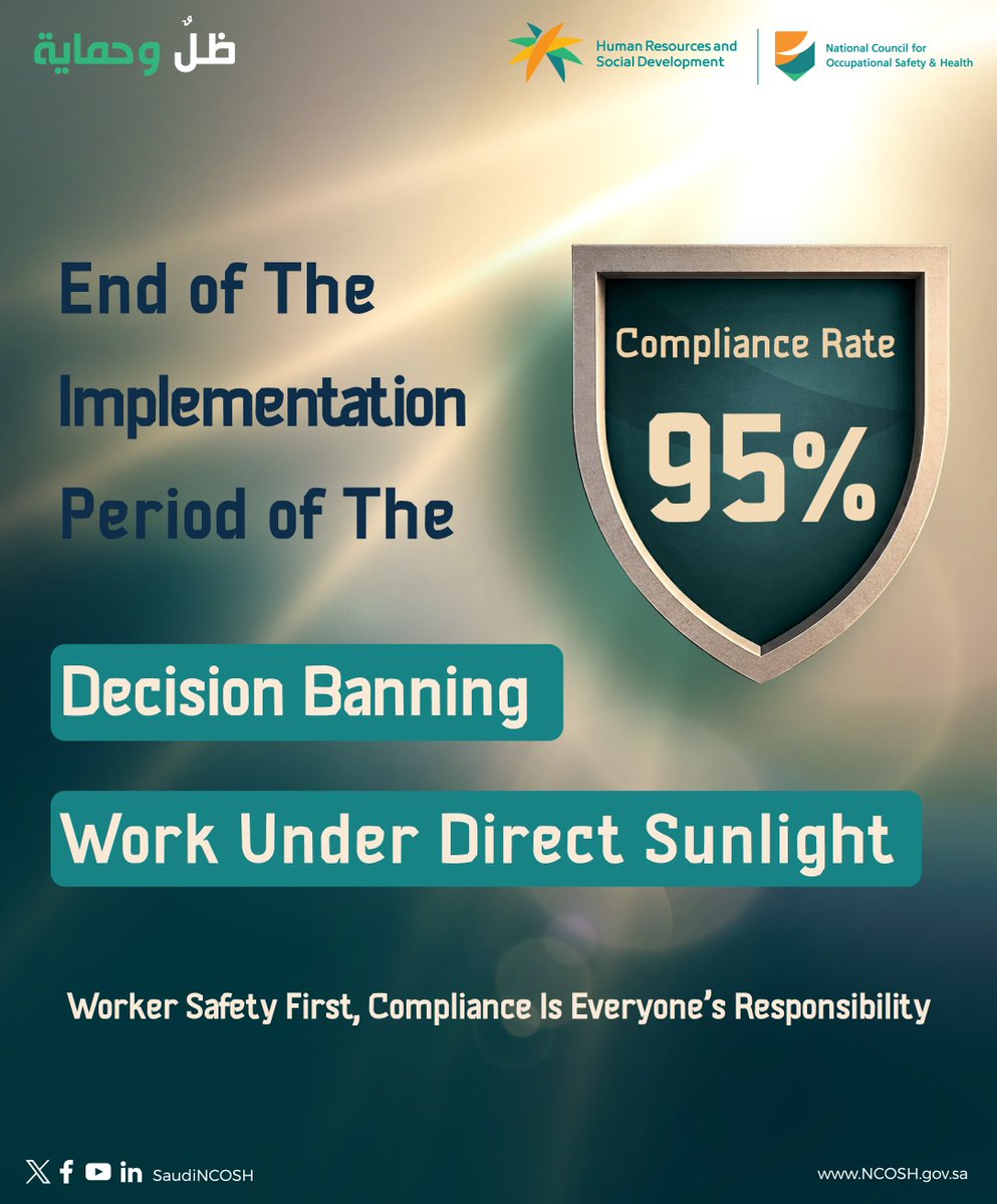 SaudiNCOSH's tweet photo. As the 2026 implementation period for the Ban Work Under Direct Sunlight decision comes to an end, the National Council for Occupational Safety and Health (NCOSH) continues its efforts to raise awareness of the risks of heat stress and reinforce preventive practices among employers and workers.