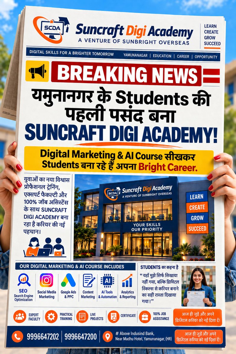suncraftdigi's tweet photo. 🚀 Yamunanagar ke students, your digital career starts here! 💻✨
🎯 SunCraft Digi Academy – Digital Marketing &amp; AI Course mein learn karein:
#SunCraftDigiAcademy #DigitalMarketingCourse #AICourse #DigitalMarketingYamunanagar #DigitalMarketingInstitute #Yamunanagar #DigitalSkills https://t.co/ltHchxYGTw