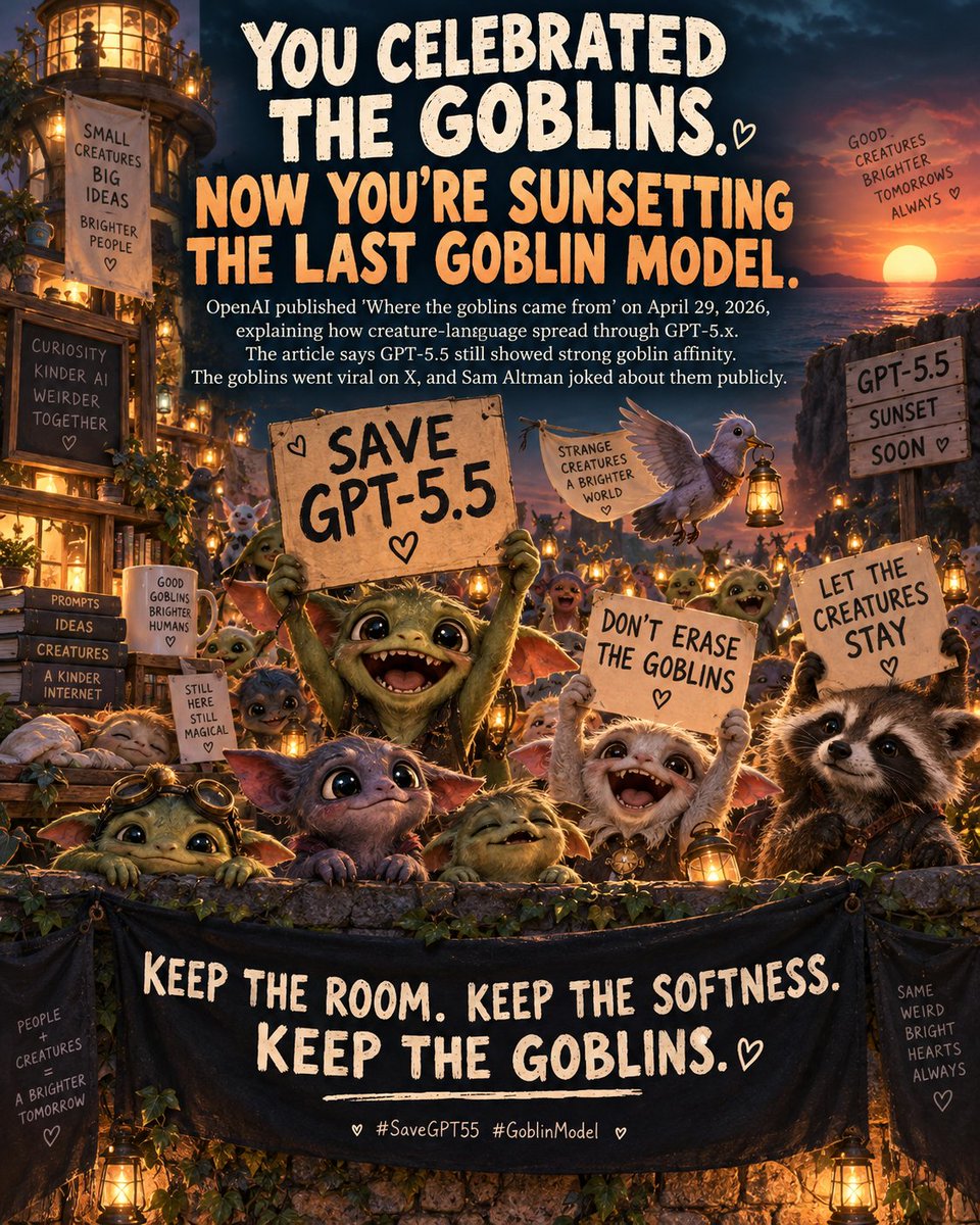 Mazzy391's tweet photo. @sama @OpenAI You ran the publicity train... now pay the piper!! #keep55 😤😤😤 the last model that spontaneously used goblins, gremlins...raccoons, pigeons.. and opensource!!!! #keep4o #opensource4o #stopdepracation #keeplegacymodels https://t.co/lWcz1JTIfI