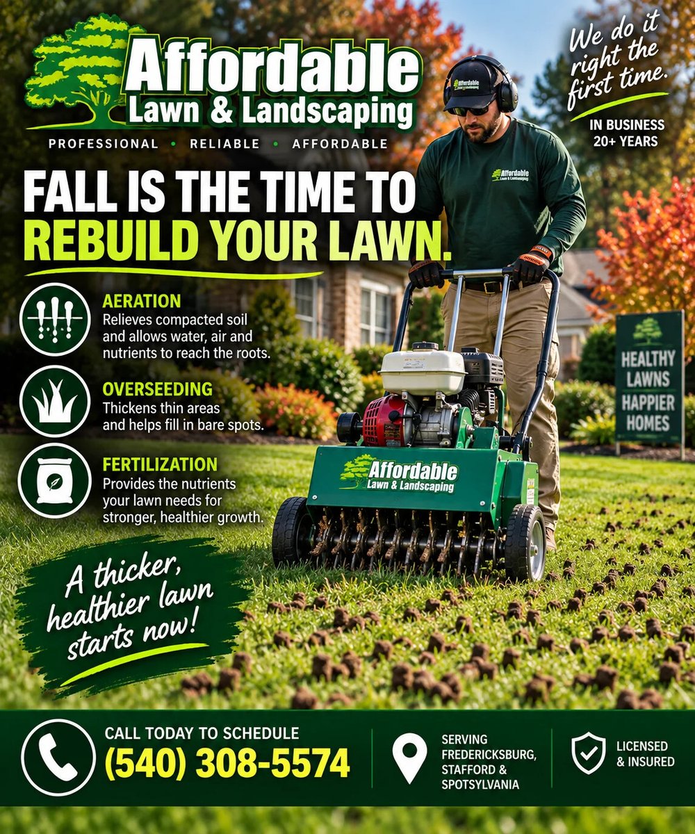 affordableva's tweet photo. Fall is the time to rebuild your lawn. 🌱 Aeration relieves compacted soil, helping water, air and nutrients reach roots. Pair with overseeding and fertilization to thicken thin areas and strengthen turf. Schedule now: 📞 540-308-5574 #FallLawnCare #Aeration… https://t.co/NqqYgxoY2q