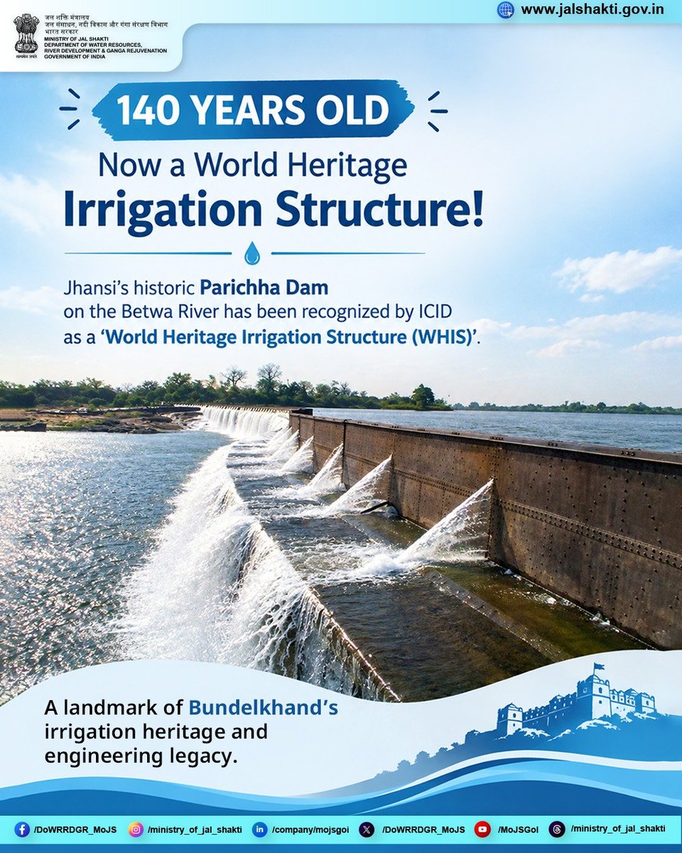 DoWRRDGR_MoJS's tweet photo. Built over a century ago, still serving Bundelkhand’s water needs.

Parichha Dam’s enduring legacy on the Betwa River has earned global recognition, with the International Commission on Irrigation and Drainage (ICID) naming it a ‘World Heritage Irrigation Structure’.

A proud chapter in India’s water heritage. 

#ParichhaDam #WHIS #WaterHeritage #Bundelkhand