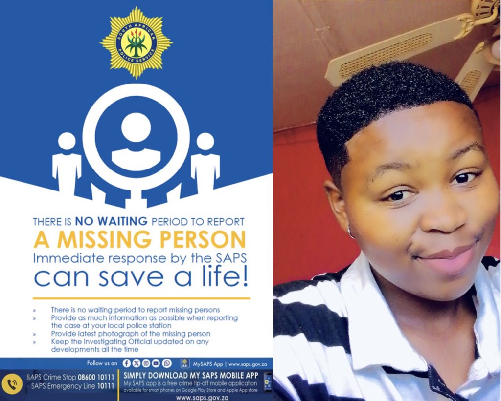 SAPoliceService's tweet photo. RT #sapsEC [SAPS NEW BRIGHTON SEEKS PUBLIC ASSISTANCE TO LOCATE MISSING 20-YEAR-OLD LIKHANYE MJOLI]

The South African Police Service (#SAPS) in New Brighton is appealing to the public for assistance in locating 20-year-old Likhanye Mjoli, who was reported missing.

Mjoli was last seen on 1 September 2026, when she left her home in Nconco Street, New Brighton. At the time of her disappearance, she was wearing a cream T-shirt with the number 23 written in navy blue on the back, light-grey tracksuit pants and beige campus tekkies with green stripes. She was also wearing spectacles.

A #MissingPerson enquiry was opened at the New Brighton Community Service Centre (CSC) on Tuesday, 15 September 2026.

Anyone who may have information regarding the whereabouts of Likhanye Mjoli, or who may assist the police in locating her, is urged to contact the New Brighton Police Station Charge Office on 082 457 2745, #CrimeStop on 08600 10111, or provide information via the #MySAPSApp. Information may be provided anonymously and will be treated with the strictest confidentiality.

#CommunityPolicing ST

https://t.co/xIHycwjdSx