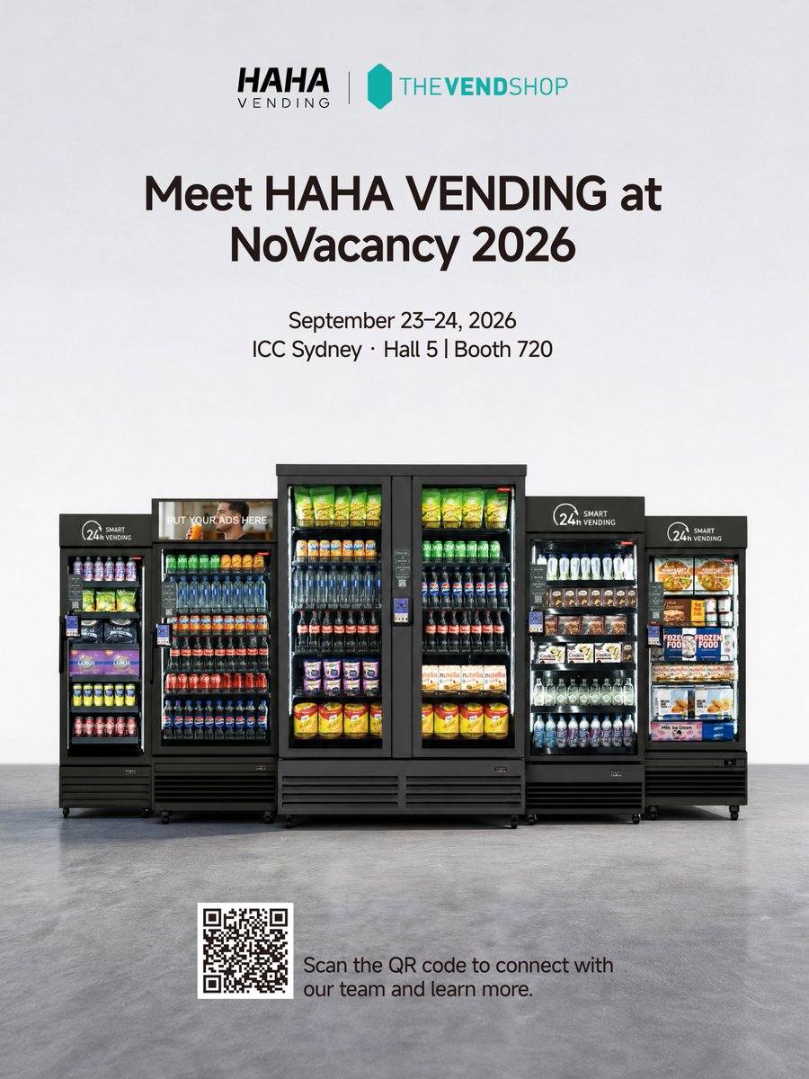 Haha_Vending's tweet photo. Join @Haha_Vending  and our Australian partner, @Thevendshop , at @NoVacancy 2026! 🇦🇺

Explore smart vending opportunities for hotels and hospitality spaces.

📅 Sept. 23–24 
📍 ICC Sydney · Hall 5 · Booth 720

#HAHAVending #NoVacancy2026 #SmartVending https://t.co/AjgEWyxfWJ