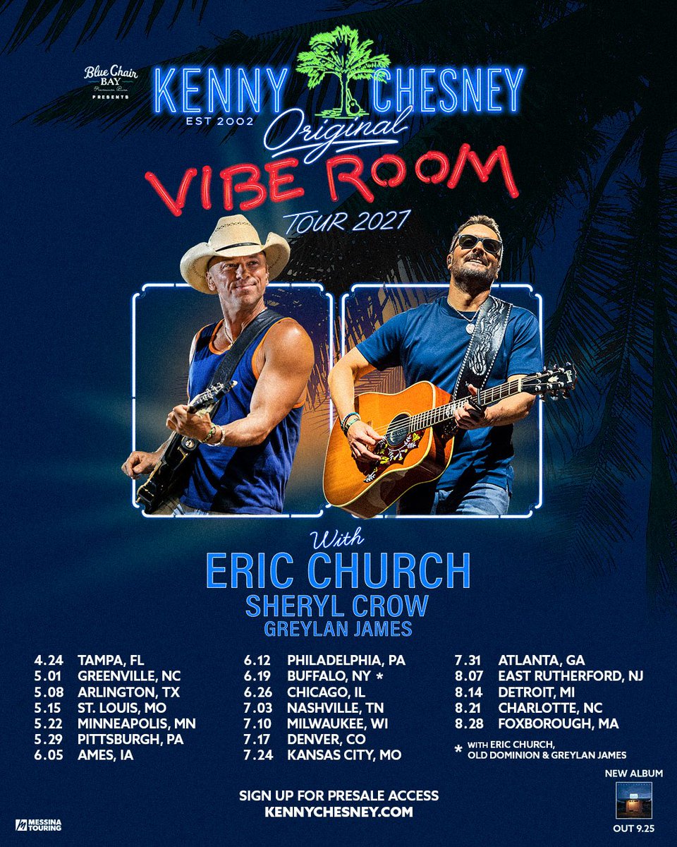 kennychesney's tweet photo. Our Vibe Room has always been a place at our shows to welcome our friends and family, a place for us to feel at home and connected while we’re out on the road. After two summers away from stadiums, we wanted all of No Shoes Nation to be a part of that special feeling next year. 

I am so excited to bring The Original Vibe Room Tour to you all next year, joined by my good friend @EricChurchMusic along with Sheryl Crow, and @GreylanJames. We even have @OldDominion making a special appearance in Buffalo. It’s going to be a great summer. 

You can register for the “Vibe Room” presale now at https://t.co/WdWf1TGV5F. Premium No Shoes Nation member presale starts tomorrow (9/16) at 10AM local. Vibe Room presale starts 9/17. Tickets go on sale to the public Friday, September 25 at 10AM local.