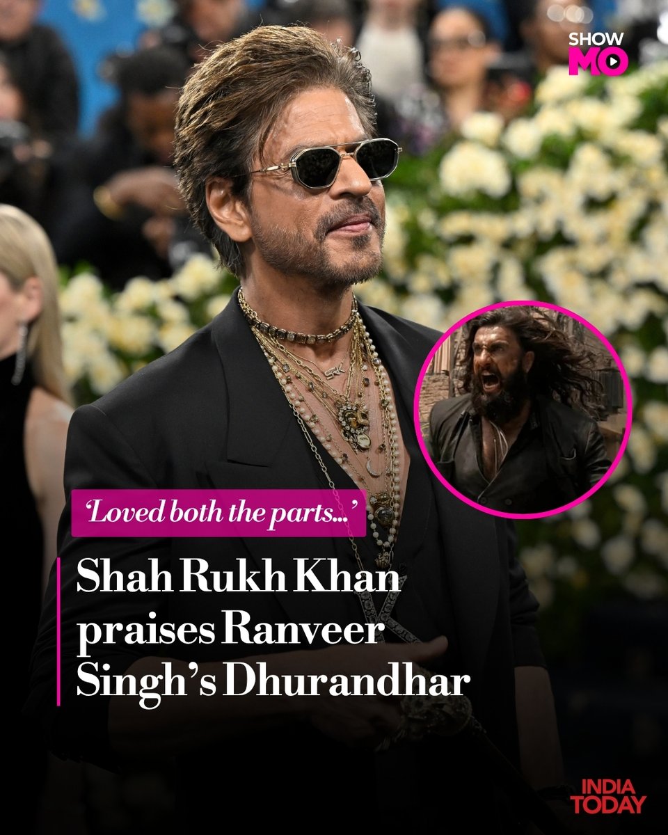 IndiaToday's tweet photo. Shah Rukh Khan praised Ranveer Singh’s Dhurandhar on X, calling the film “fantastic” and saying he loved both parts.
#ShahRukhKhan #RanveerSingh #Dhurandhar #Bollywood #Movies #IndiaTodaySocial #ShowMO https://t.co/R7FcLIqfn0