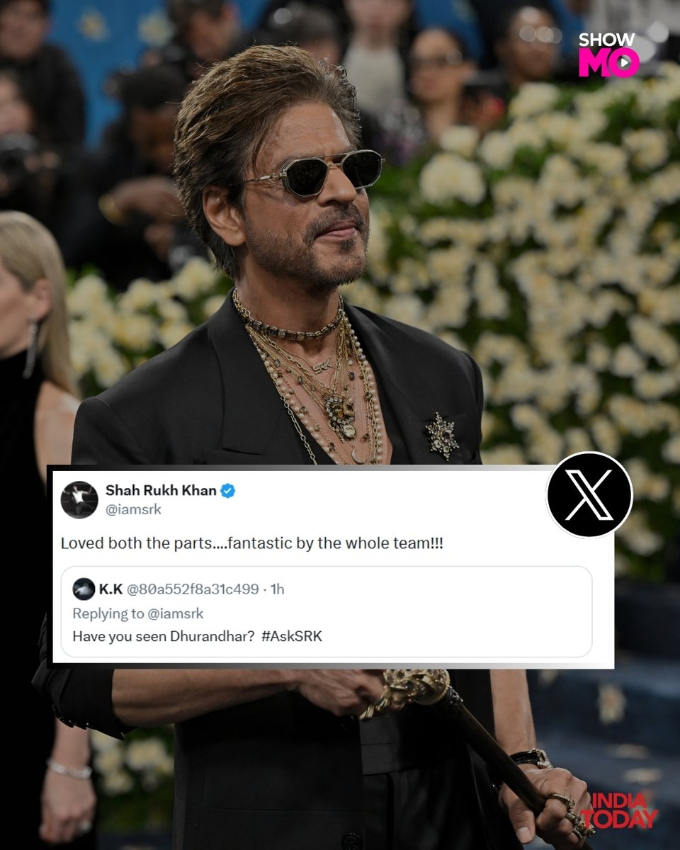 IndiaToday's tweet photo. Shah Rukh Khan praised Ranveer Singh’s Dhurandhar on X, calling the film “fantastic” and saying he loved both parts.
#ShahRukhKhan #RanveerSingh #Dhurandhar #Bollywood #Movies #IndiaTodaySocial #ShowMO https://t.co/R7FcLIqfn0