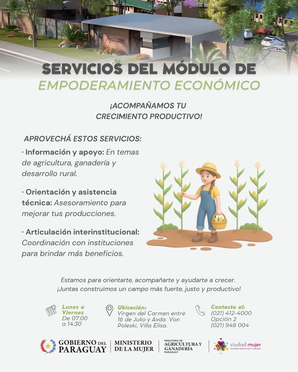 ciudadmujerpy's tweet photo. Impulsamos tu desarrollo personal y profesional con servicios gratuitos que fortalecen tu autonomía económica.
✨ Identificaciones y certificados
✨ Formación y empleo
✨ Emprendedurismo y asesoría legal
✨ Apoyo productivo rural
¡Empoderate en Ciudad Mujer!

#GobiernodelParaguay https://t.co/Lk8eSuFN60
