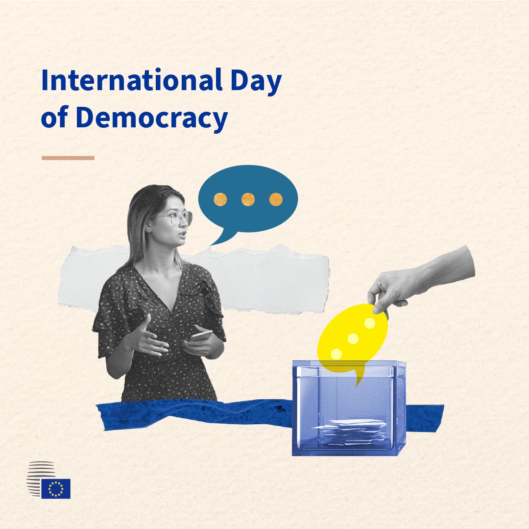 Graphic for International Democracy Day showing a young woman speaking with a speech bubble, while a hand places a speech‑bubble shaped ballot into a transparent ballot box, alongside the Council of the EU logo in the bottom right corner.