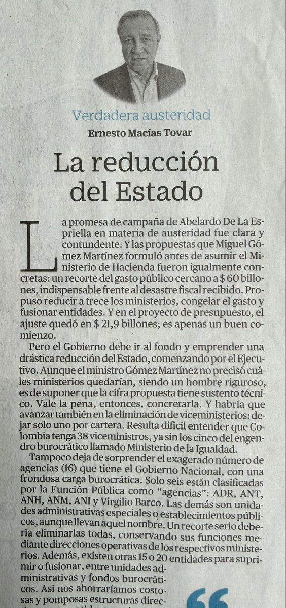 ernestomaciast's tweet photo. “Bajar el gasto también exige reducir el tamaño del Estado, desmontar estructuras innecesarias y eliminar dependencias, cargos y nóminas superfluas.” 
Mi opinión en @ELTIEMPO 

La reducción del Estado 
https://t.co/bcm59SLE5j https://t.co/O46WEpayvV
