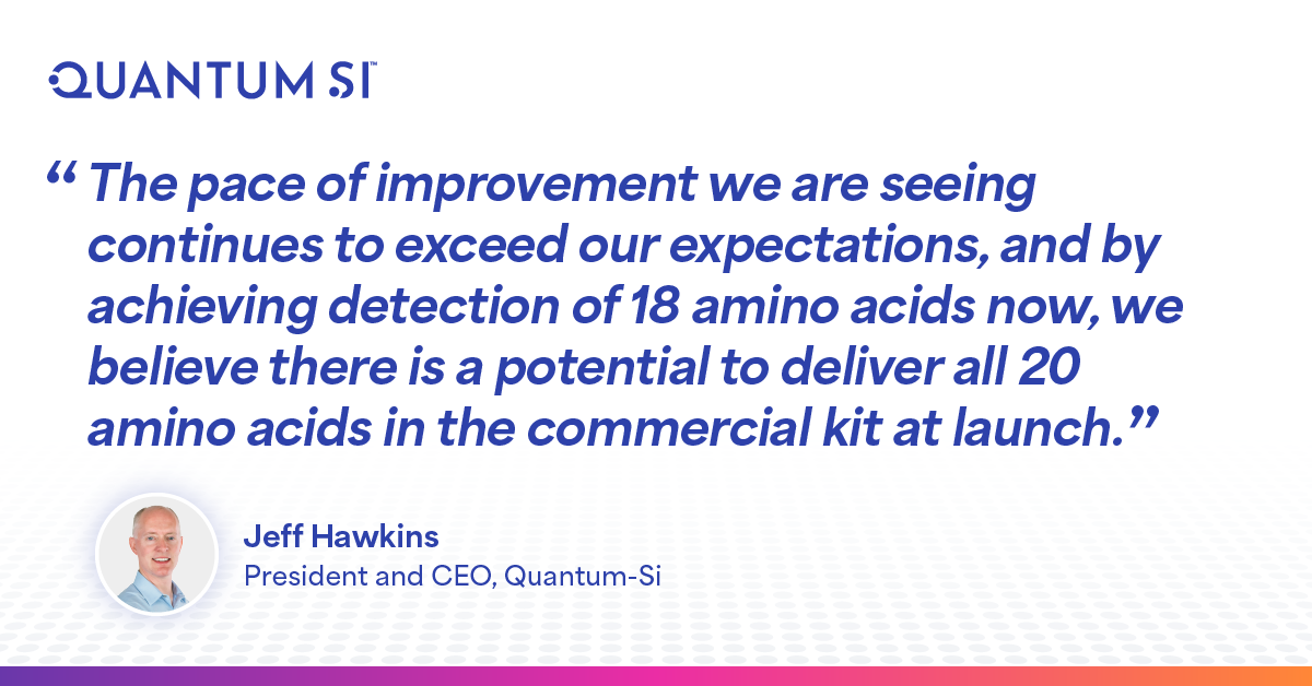 Quantum_Si's tweet photo. Another milestone achieved on Proteus™. Quantum-Si has demonstrated sequencing with detection of 18 amino acids using a developmental kit run on integrated Proteus instruments.
Read the full PR here: https://t.co/baPadrWaU7
$QSI #Proteus #Proteomcis #SingleMolecule https://t.co/CNrWwyWArN