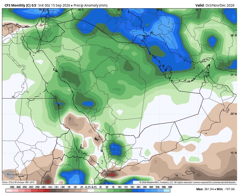 BaslRjany's tweet photo. مبشرات أولية للوسم 🌧️
توقعات النموذج الأمريكي CFS لخريف 2026 (أكتوبر - نوفمبر - ديسمبر) تشير لأمطار أعلى من المعدل على الوسط والشمال والغربية والشرقية، وأمطار أعلى بكثير على الخليج وشمال شرق المملكة. https://t.co/5LSyt3z2l4