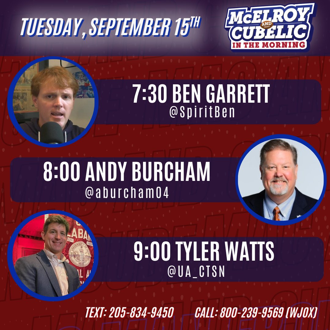 macandcube's tweet photo. Tuesday #MacandCube

7:30 @SpiritBen 
8:00 @aburcham04 
9:00 Tyler Watts (@UA_CTSN)

@WJOX945 
https://t.co/agNgyjlhn3
@YouTube (Jox945) https://t.co/kP1HQAyCo2