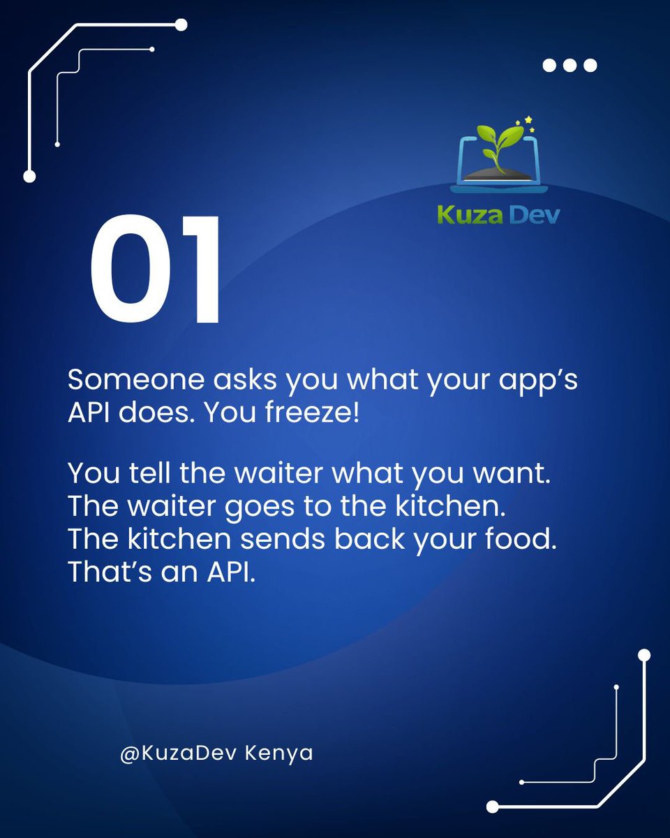 kuzadevkenya's tweet photo. Most tutorials teach you APIs backwards.
That's why you can freeze the moment someone asks you to explain one.
Swipe through the full breakdown 👉
Then go build your first one. To learn more on this, visit our website ; link is on bio.

 #apiforbeginners #ʟᴇᴀʀɴᴛᴏᴄᴏᴅᴇ https://t.co/KDG8X6G47O