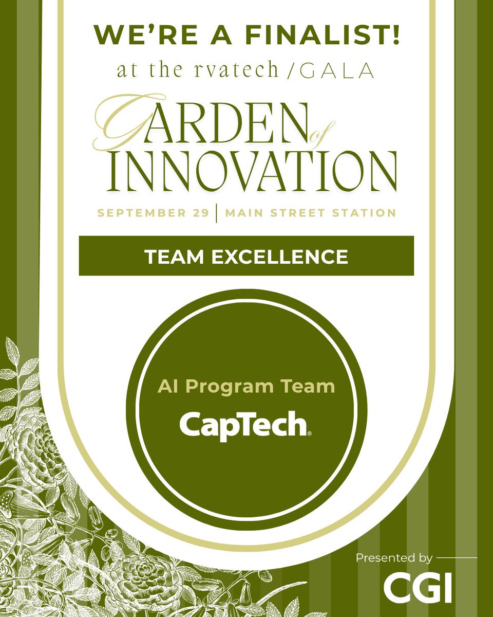 CapTech_Tweets's tweet photo. CapTech is proud to be a finalist for two @rvatechcouncil awards! Congratulations to our LegacyLift team for being named a finalist for Innovation in Software Engineering and to our AI Program Team for being recognized in the Team Excellence category. https://t.co/eDpxlRLN8R