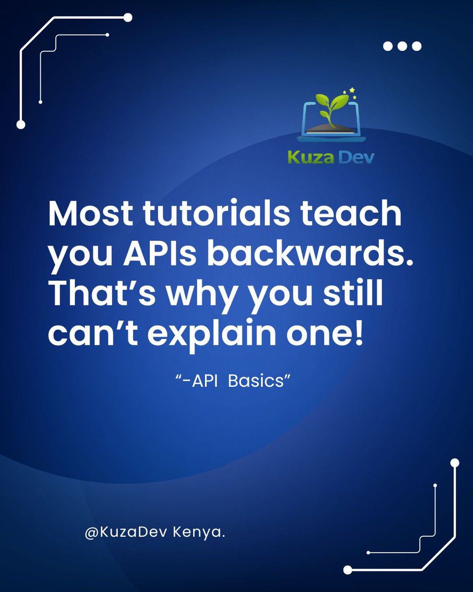 kuzadevkenya's tweet photo. Most tutorials teach you APIs backwards.
That's why you can freeze the moment someone asks you to explain one.
Swipe through the full breakdown 👉
Then go build your first one. To learn more on this, visit our website ; link is on bio.

 #apiforbeginners #ʟᴇᴀʀɴᴛᴏᴄᴏᴅᴇ https://t.co/KDG8X6G47O