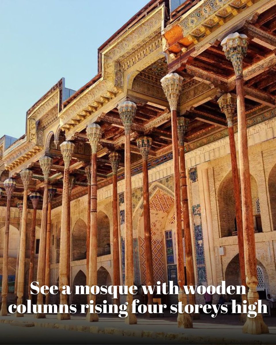 TravelWithKhaki's tweet photo. You’ve heard of Alibaba and his forty thieves? In Bukhara, see the Bolo Hauz mosque and its forty columns. Actually, the mosque has only twenty columns, but because it is situated at the edge of a pool, the building doubles in the still water, earning it the nickname "Mosque of Forty Columns." The twenty slender columns of hand-carved walnut and elm, crowned with intricate honeycomb muqarnas, are 40 feet high. That’s nearly four storeys tall!

See the wonders on Uzbekistan’s Silk Road on the #UltimateUzbek tour with Khaki Tours from 26 Oct - 2 Nov '26. 

➡️Book now at: https://t.co/3upVcA8PmF

➡️Read the tour brochure here: https://t.co/QmDz8guZtH

➡️ Missed our Online Fireside Chat for the #UltimateUzbek tour to Uzbekistan in Autumn '26? You can watch the recording here: https://t.co/Z1gVTwewZR

📞You can also reach out to us at +91 89281 57148.

We look forward to hosting you soon! 🇺🇿

#Uzbekistan #TravelWithKhaki #InternationalTour #Khiva #Tashkent #SilkRoute #Samarkand #Bukhara 

(Uzbekistan, Travel with Khaki, International Tour, Tour to Uzbekistan, Khiva, Bukhara, Samarkand, Tashkent, Silk Route, Last Few Seats Left)
