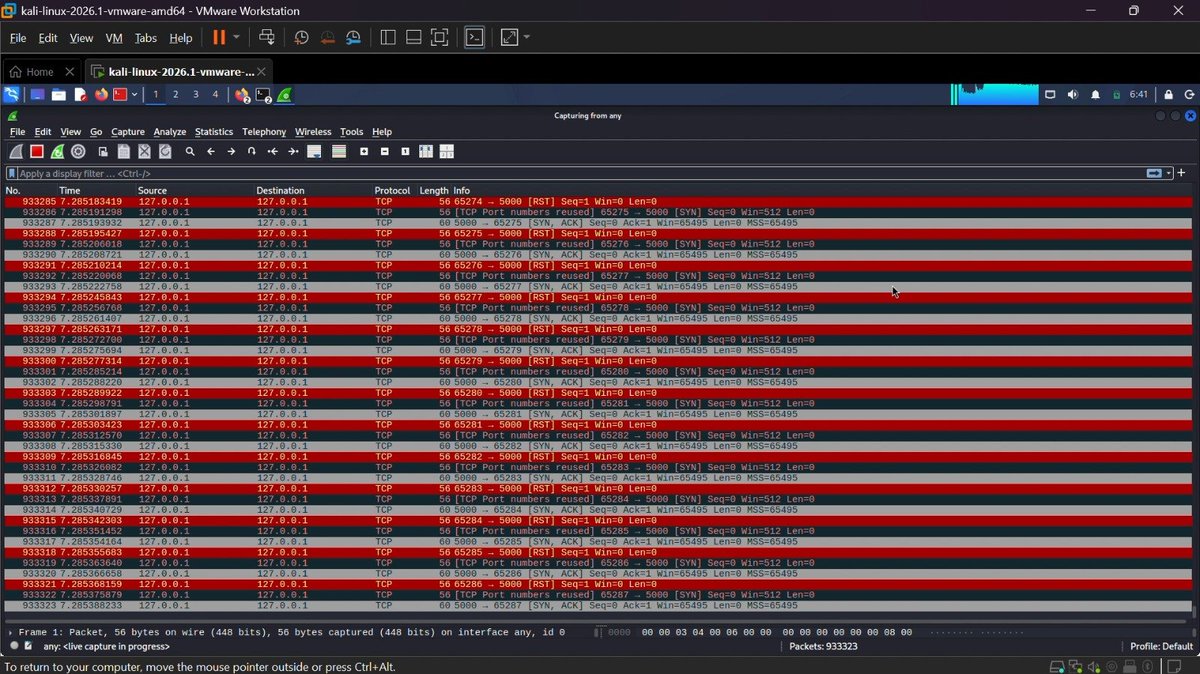 OkewumiIfe62574's tweet photo. Catching up on my 70 Days Consistency Challenge 
I explored DoS attacks in a controlled lab using Hping3 and Wireshark.
I also learnt how techniques like load balancing and rate limiting can help manage excessive traffic.
@CiscoNetacad @THE_CYBRARIANS @OnijeC @bash_voice https://t.co/k4ML1uA3vP