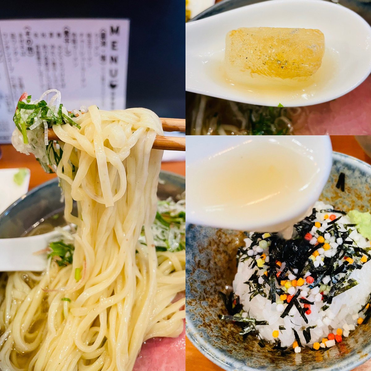 bloomramen's tweet photo. 自家製手もみ麺 鈴ノ木 さん　にて
期間限定 「夏 冷たい煮干しぶっかけ｣ 
+｢〆茶漬けセット｣ 最終日 塩
多彩な味わいのスープ!と共に麺や具も率直に嬉しい
“出汁氷” に温かいご飯とワサビの鮮烈さが絡む〆
実は今季は初めて頂いた
気温30℃超もあり夏の忘れ物を取り戻した気分

2026年百三十八杯目 https://t.co/Sj3Jn5293e