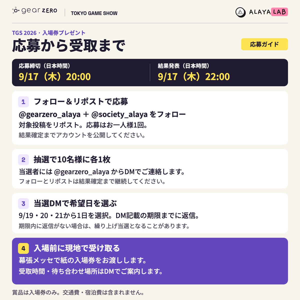 gearzero_alaya's tweet photo. Alaya Labの #TGS2026 出展記念！
  一般公開日入場券を10名様にプレゼント！

 Hall 1・01-C11でGear Zeroを体験しよう！

@gearzero_alaya と @society_alaya をフォロー＆この投稿をリポストで応募。

現地受取必須。詳細は画像をご確認ください。

Gear Zero：https://t.co/NNiixTtX0p
Synthetic World：https://t.co/j79IArSDIT