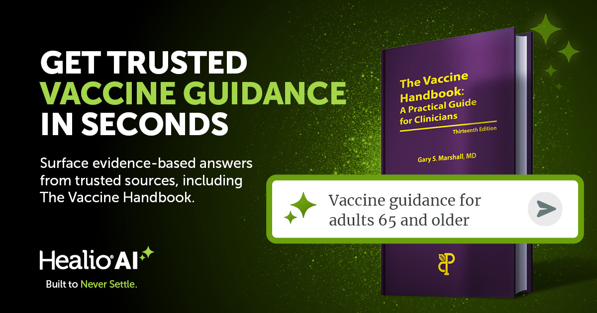 HemOncToday's tweet photo. Trusted vaccine guidance shouldn’t be buried in a search.

Healio AI helps you quickly surface evidence-based answers from respected clinical resources, including The Vaccine Handbook (The Purple Book).

Try it now with a sample prompt: https://t.co/lwQtrFQ4Ae
#HealioAI #Vaccines https://t.co/L0oMjphdLx