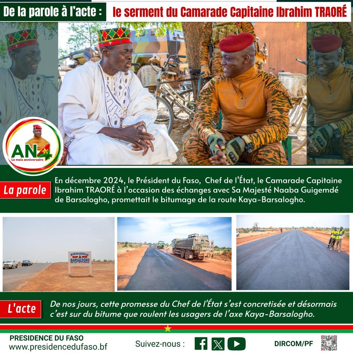 presidencebf's tweet photo. AN4
DE LA PAROLE À L'ACTE : le serment du Camarade Capitaine Ibrahim TRAORÉ 

Vignette 15/30: Bitumage route KAYA-BARSALOGHO https://t.co/KB67Y4dBSA