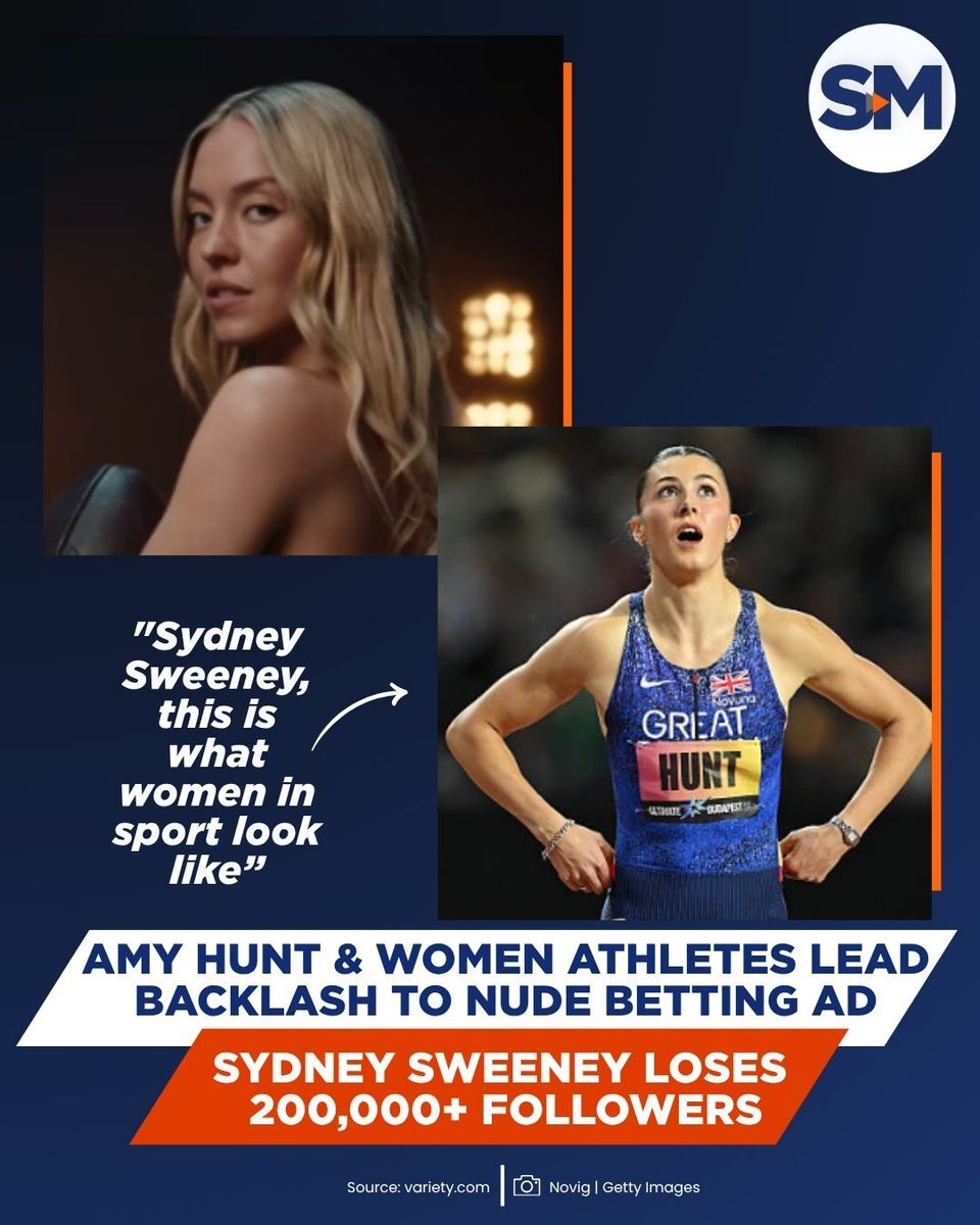 Sports_Mandate's tweet photo. Real athletes are pushing back against Sydney Sweeney’s sports ad, with the actress losing over 200,000 Instagram followers amid criticism of its portrayal of women in sport.👀🏃

#athletics #sydneysweeney https://t.co/Ss6bdiWwIk