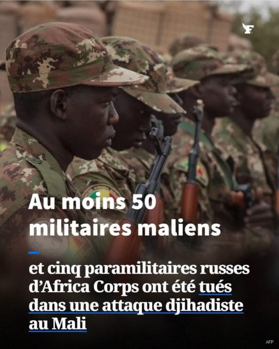NPoFeedback's tweet photo. Au moins 50 militaires maliens et cinq paramilitaires russes d'Africa Corps ont été tués dans une attaque djihadiste au #Mali. https://t.co/UIDUdxJwgr