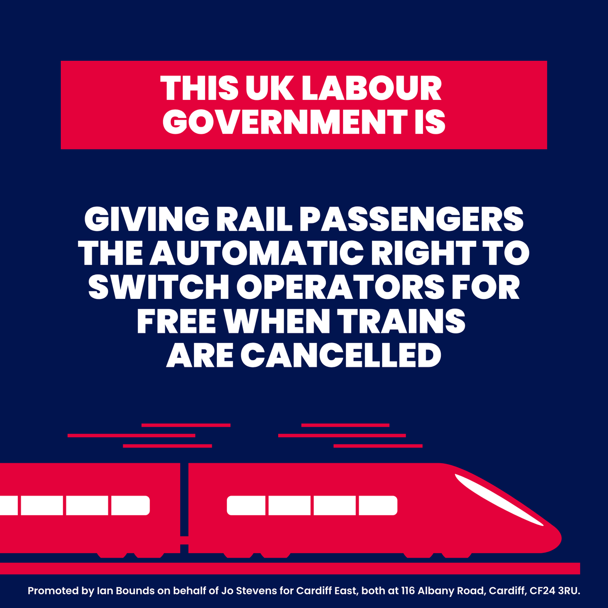 JoStevensLabour's tweet photo. From this weekend, if your train is cancelled, you can get on another operator's service to carry on your journey without paying again.
This covers @GWRHelp and @CrossCountryUK services from #CardiffCentral.
A common sense change that will keep more money in people's pockets. https://t.co/MtKKsxLCZb