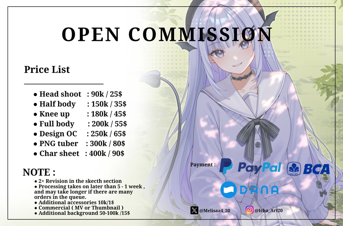 Melisaa4_20's tweet photo. ✨ COMMISSIONS OPEN! ✨

I’m opening only 7 slots this time! ♡
Feel free to DM me for details or to claim your slot.
First come, first served!
Have a lovely day! 🌷
.
#commission #commissionart #commissionopen #Vtubers #ArtistOnTwitter #art #pngtuber https://t.co/8N4e6sqxeV