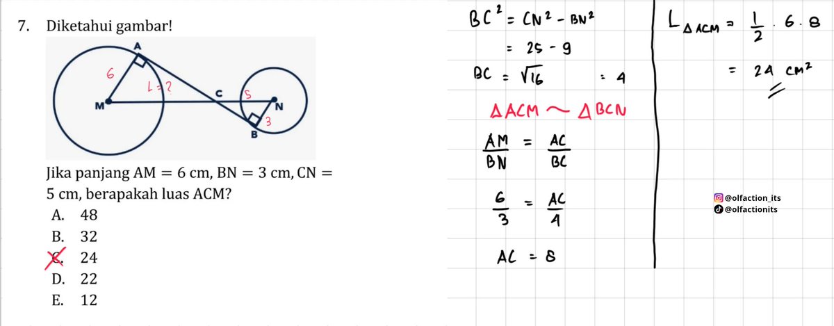 OlfactionITS's tweet photo. @studywithbloom Kelihatannya banyak garis dan lingkaran, tapi sebenarnya cukup pakai Pythagoras, kesebangunan, lalu luas segitiga 👀  
Aku bahas step-by-step di bawah yaa 👇
Kalau mau latihan atau belajar langsung, cek pinned post di profilku 📌 https://t.co/kMLpxyxnSa
