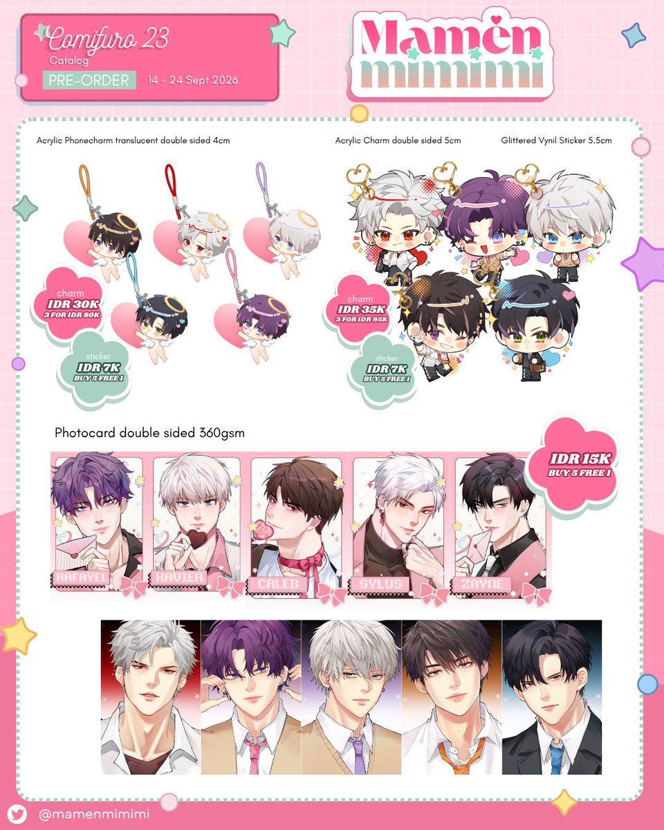 mamenmimimi's tweet photo. 🔃+💕
 please! 🥹

Mamen’s #CF23 Preorder (Pickup &amp; Mailorder) + GA!
✦ 9-13 May 
✦ BOOTH NO TBA (Both days)
✦ PICKUP : https://t.co/GKijJcdx32
✦  MAIL ORDER : https://t.co/gzRXlg0Dlg
✦ LADS HSR ALNST GENSHIN JJK VALORANT

details⬇️
#comifuro23 #CF23catalogue #CF23catalog https://t.co/kTekdUobMl