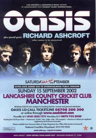 scyhodotcom's tweet photo. On September 15th 2002 Oasis played the second of two nights at the Lancashire County Cricket Club in Manchester, England.

They were the band’s biggest gigs in Manchester in six years.

Support came from Richard Ashcroft, The Electric Soft Parade and The Soundtrack Of Our Lives. https://t.co/G2yvZ2gvjc