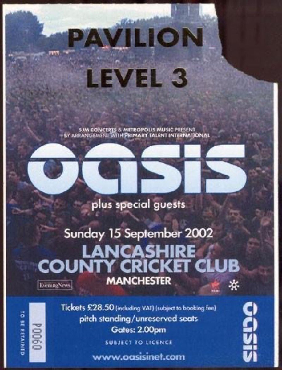 scyhodotcom's tweet photo. On September 15th 2002 Oasis played the second of two nights at the Lancashire County Cricket Club in Manchester, England.

They were the band’s biggest gigs in Manchester in six years.

Support came from Richard Ashcroft, The Electric Soft Parade and The Soundtrack Of Our Lives. https://t.co/G2yvZ2gvjc