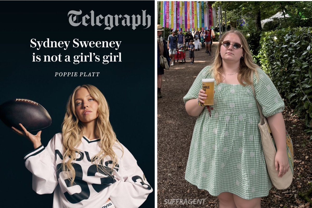 Suffragent_'s tweet photo. Feminist @poppieplatt doesn’t like Sydney Sweeney. Can’t image why 😂😂😂 https://t.co/YDyrUM0LfL