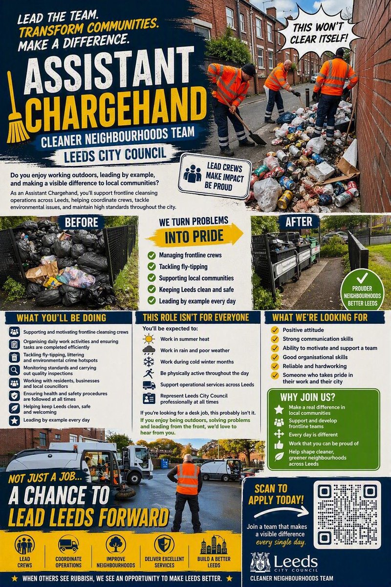 Clean_Leeds's tweet photo. We have some exciting opportunities for people who wish to become part of the Cleaner Neighbourhoods Team
Get online, check out the Jobs that Leeds City Council has to offer and get applying #LoveWhereYouLive #LoveWhereYouWork @LeedsCC_People https://t.co/159xAxMPl2