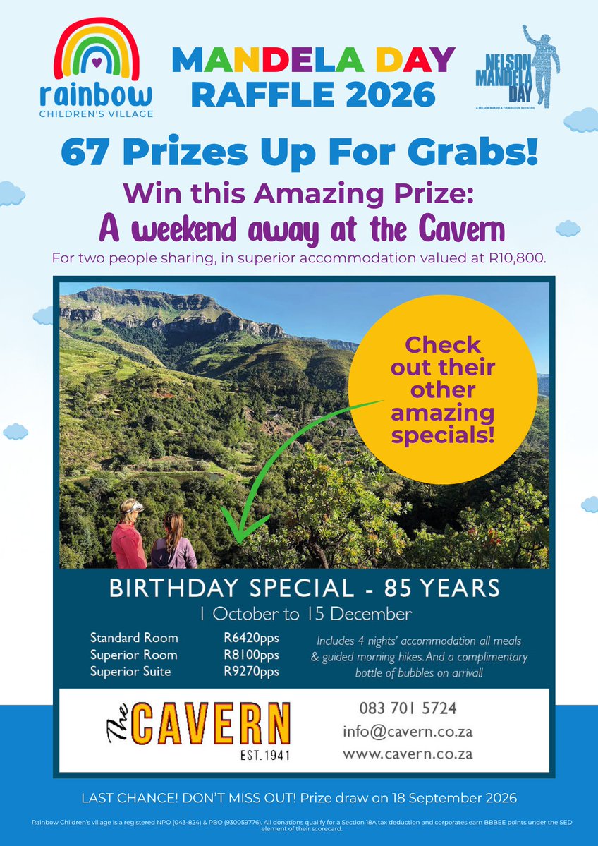 RainbowCV1's tweet photo. A huge thank you to The Cavern for generously supporting our Mandela Day Raffle and helping us raise funds for Rainbow Children’s Village. Also check out their 85th birthday special! 
Buy raffle tickets: 
📞 064 683 4452 | 072 477 2319
📧 info@rainbowchildrensvillage.co.za https://t.co/ZH6f90kemi