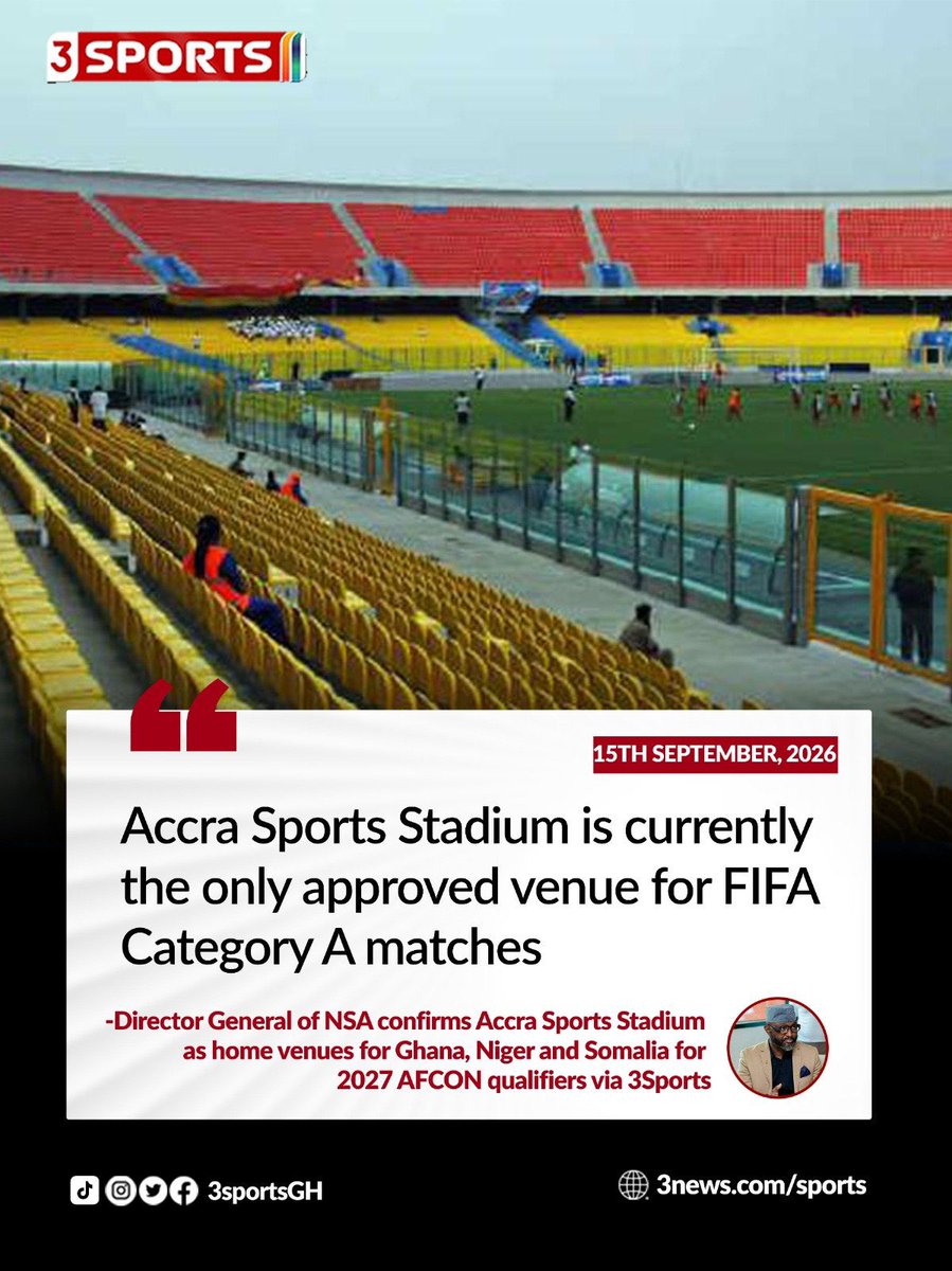tv3_ghana's tweet photo. The Accra Sports Stadium remains the only approved venue for FIFA category A games in Ghana.

#3Sports #TV3GH https://t.co/kzIltzqhiR
