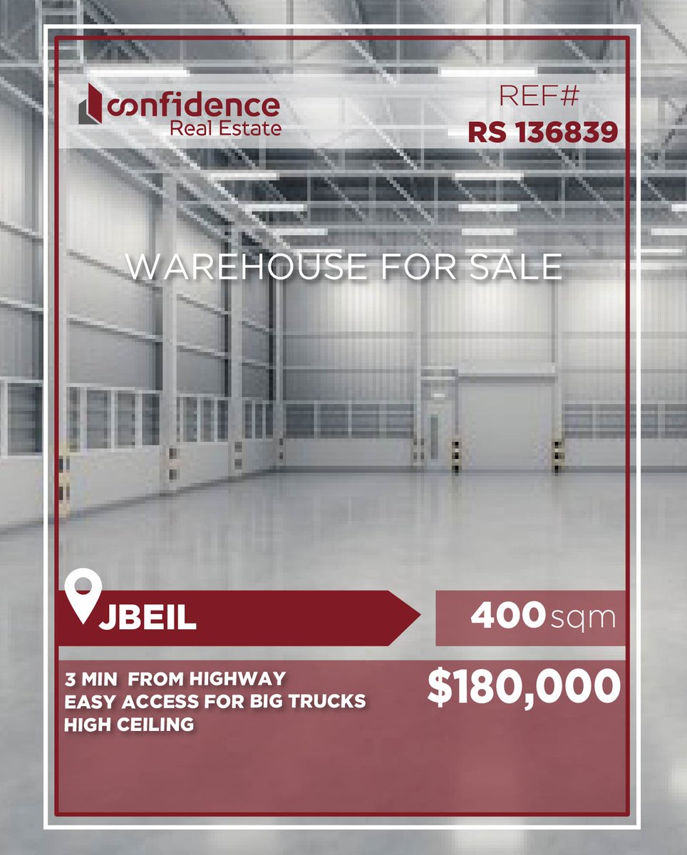 confidence_cre's tweet photo. Price: $180,000 +2.5% Commission

Spacious warehouse for sale in a strategic location in Jbeil, suitable for storage, industrial use,
For more information or to schedule a viewing, contact us:  71 000850

REF#RS136839 

#Jbeil #WarehouseForSale #RealEstate 

#CONFIRS

R https://t.co/dnk1VceQlw