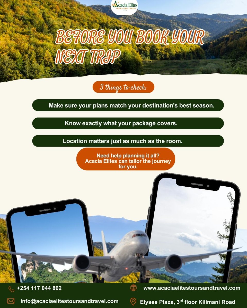 AcaciaElites's tweet photo. A great trip isn’t just about choosing a beautiful destination. The little details can make the difference between a stressful holiday and a smooth, memorable experience.

Planning your next trip?
Call or WhatsApp us on +254 117 044 862 https://t.co/YUCPa3Fnzq