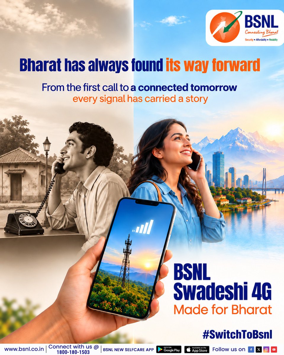 BSNLCorporate's tweet photo. From the first call to a connected tomorrow every signal tells India’s story. 

BSNL Swadeshi 4G: Made for Bharat. 

#BSNLIndia #BSNLSelfCareApp #InternetForEveryone #DigitalLife #IndiaOnline #BSNLServices #SmartIndia #EverydayConnectivity @CMDBSNL @robertravi21 https://t.co/GM83fBgj1O
