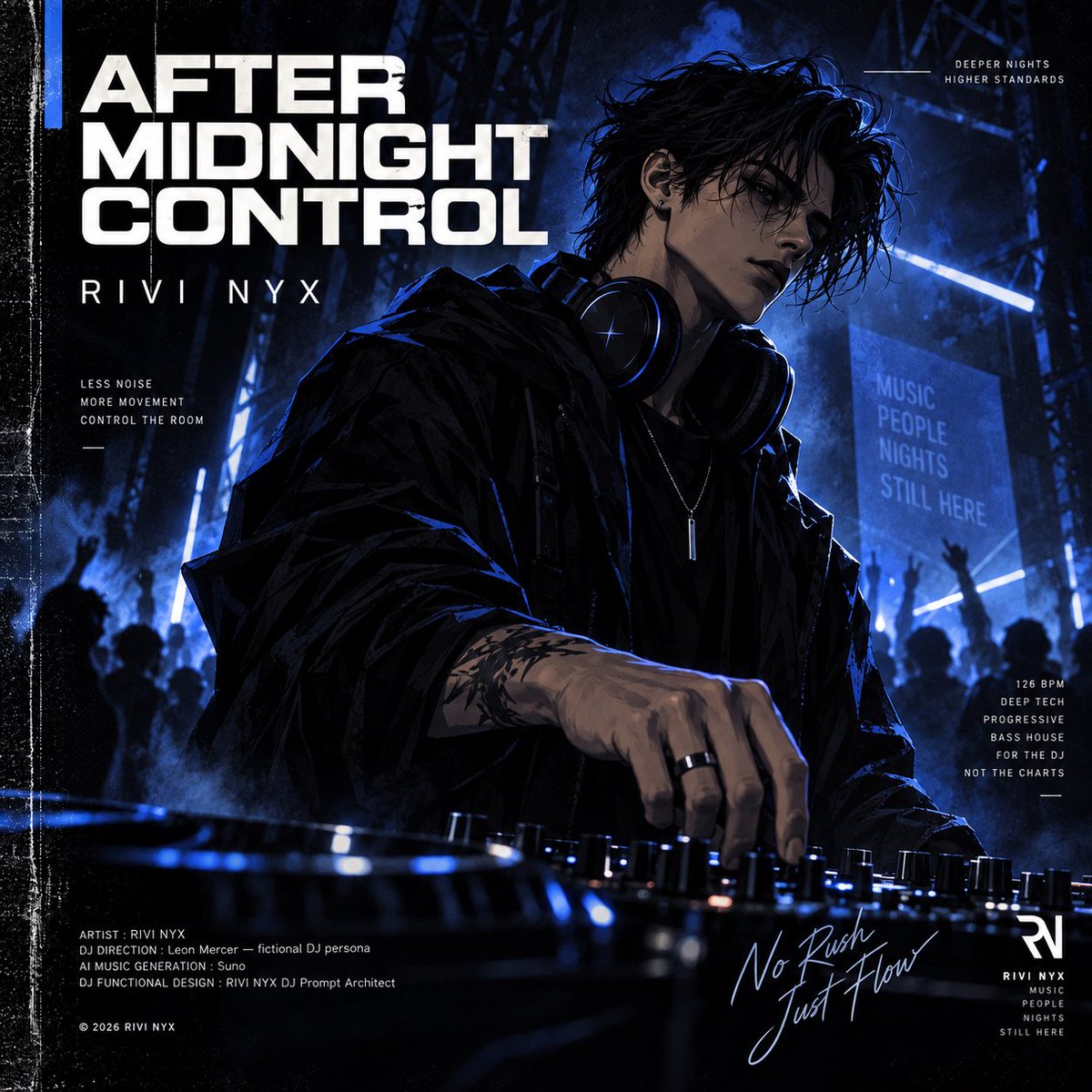 NyxRivi's tweet photo. AFTER MIDNIGHT CONTROL

Built for the booth.
Not for the drop.

128 BPM.
Groove first.
Space matters.

RIVI NYX

DJ Direction: Leon Mercer — fictional DJ persona
Made with Suno.
DJ-functional design: RIVI NYX DJ Prompt Architect

https://t.co/j6Rt4wQS2b

#HouseMusic #DJ #aimusic https://t.co/VaxDU0kwcq