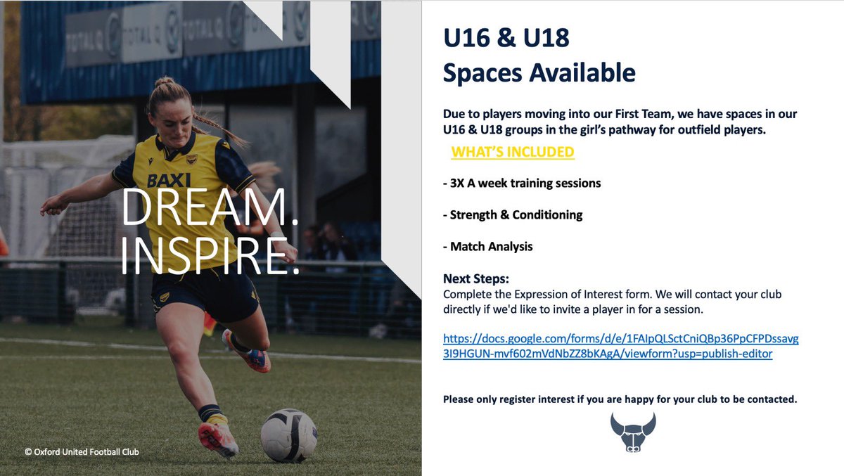OUWFCGirls's tweet photo. Due to the success of our pathway, we have spaces within our U16 &amp; U18 groups for the right players. Please complete the form below if you’d like to be considered. 

https://t.co/G3sv5nDQDZ

🟡🔵 https://t.co/ajrIUmsfIy