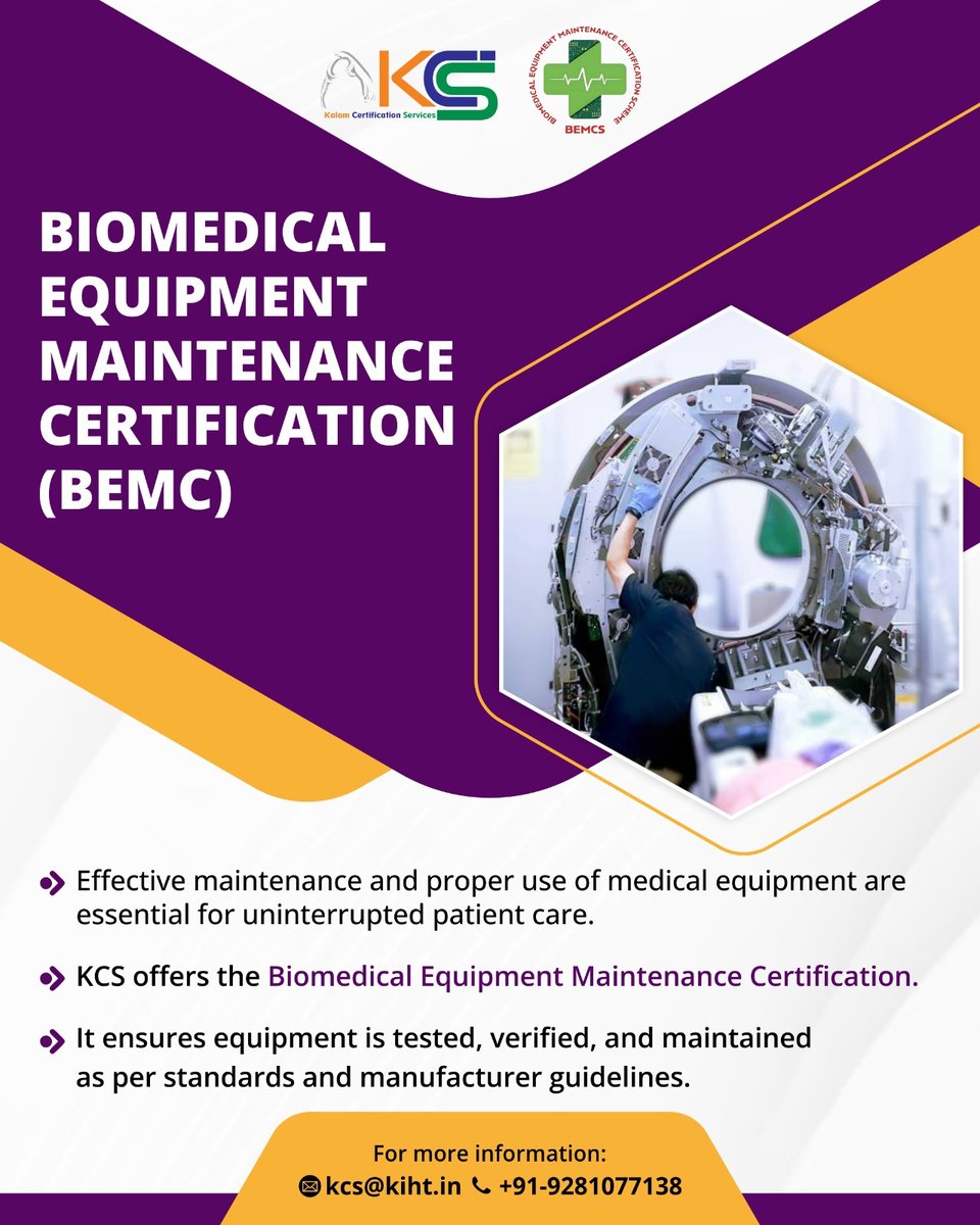 GetKCS's tweet photo. 🏥 Every life-saving device deserves life-saving maintenance.

✨The BEMC Certification Scheme by @GetKCS helps hospitals strengthen #biomedical equipment #maintenance, improve #reliability, reduce downtime, and enhance patient safety.

✨Because trusted healthcare starts with trusted equipment.

📩 kcs@kiht.in
🌐 https://t.co/7Iu1qdUEfk⁠

#BEMC #PatientSafety #BiomedicalEngineering #HospitalManagement #HealthcareQuality #MedicalDevic