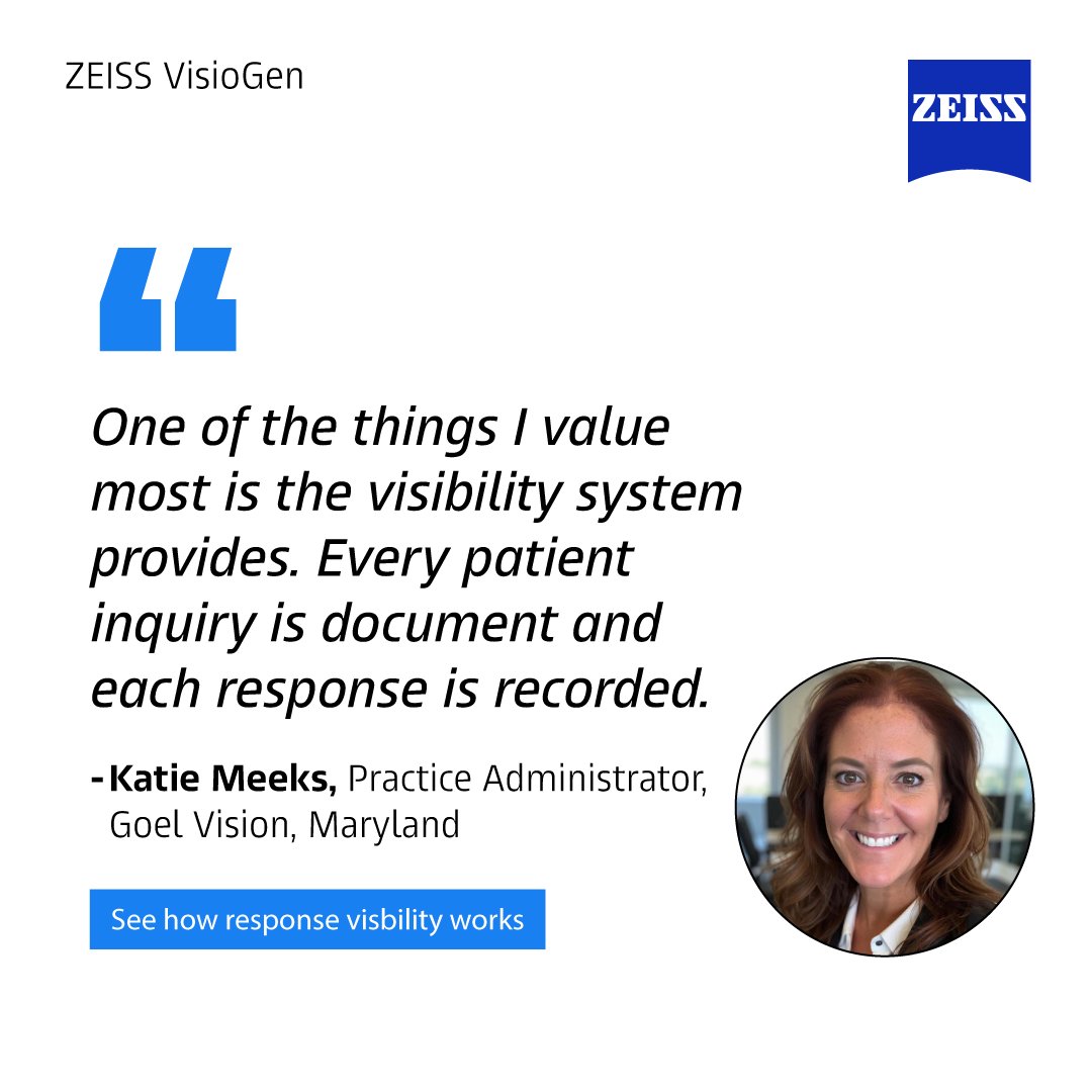 ZEISSVisioGen's tweet photo. If you cannot see what happens to every patient inquiry, can you fully manage the patient journey?

Katie Meeks, Administrator at Goel Vision, highlights ""The value of documenting every inquiry and every response.""

Visibility creates accountability.

See how VisioGen captures and documents patient interactions.

Book a demo: https://t.co/woNtxu15di

#ZEISSVisioGen #Ophthalmology #PatientEngagement