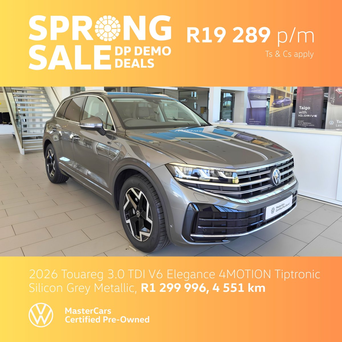 DirkEllisVW's tweet photo. The SPRONG SALE is on. Get more #Volkswagen for less, with these savings:

• Polo Vivo – save R26 000
• T-Cross – save R55 000
• Taigo – save R21 000
• Touareg – save R300 000

Explore our #VW demos and other #MasterCars at https://t.co/X3Sxfwox5A

Ts &amp; Cs apply. https://t.co/xIlpZRYqs5