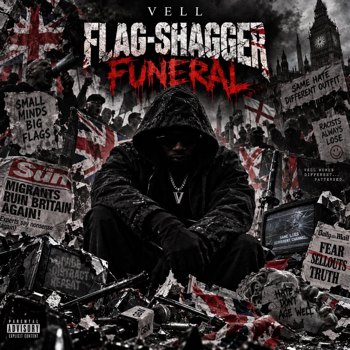 VellOfficialUK's tweet photo. FLAG-SHAGGER FUNERAL 🇬🇧⚰️
No dog-whistles, no fake patriot theatre, no mercy for racist bullshit. 

VELL dragged the whole circus into daylight and left the excuses in pieces. 😈

Out Soon. 

#VELL #FlagShaggerFuneral #UKRap #VELLWORKSMUSIC #NewMusic https://t.co/jd9XUqLtDh