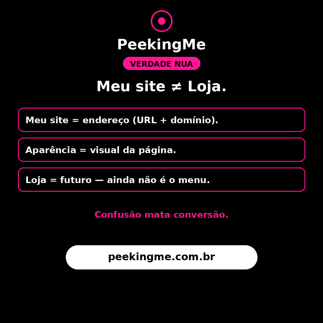 peekingme's tweet photo. Meu site ≠ Loja.

Meu site = seu endereço (URL + domínio).
Aparência = visual da página.
Loja = futuro — ainda não é o menu.

Confusão mata conversão. Bio.

#VerdadeNua #MeuSite #PeekingMe https://t.co/DRTmohwFZq